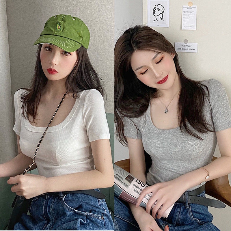 Áo Thun Croptop Tay Ngắn Cổ Chữ U Dáng Ôm Phong Cách Hàn Quốc Thời Trang Mới Cho Nữ