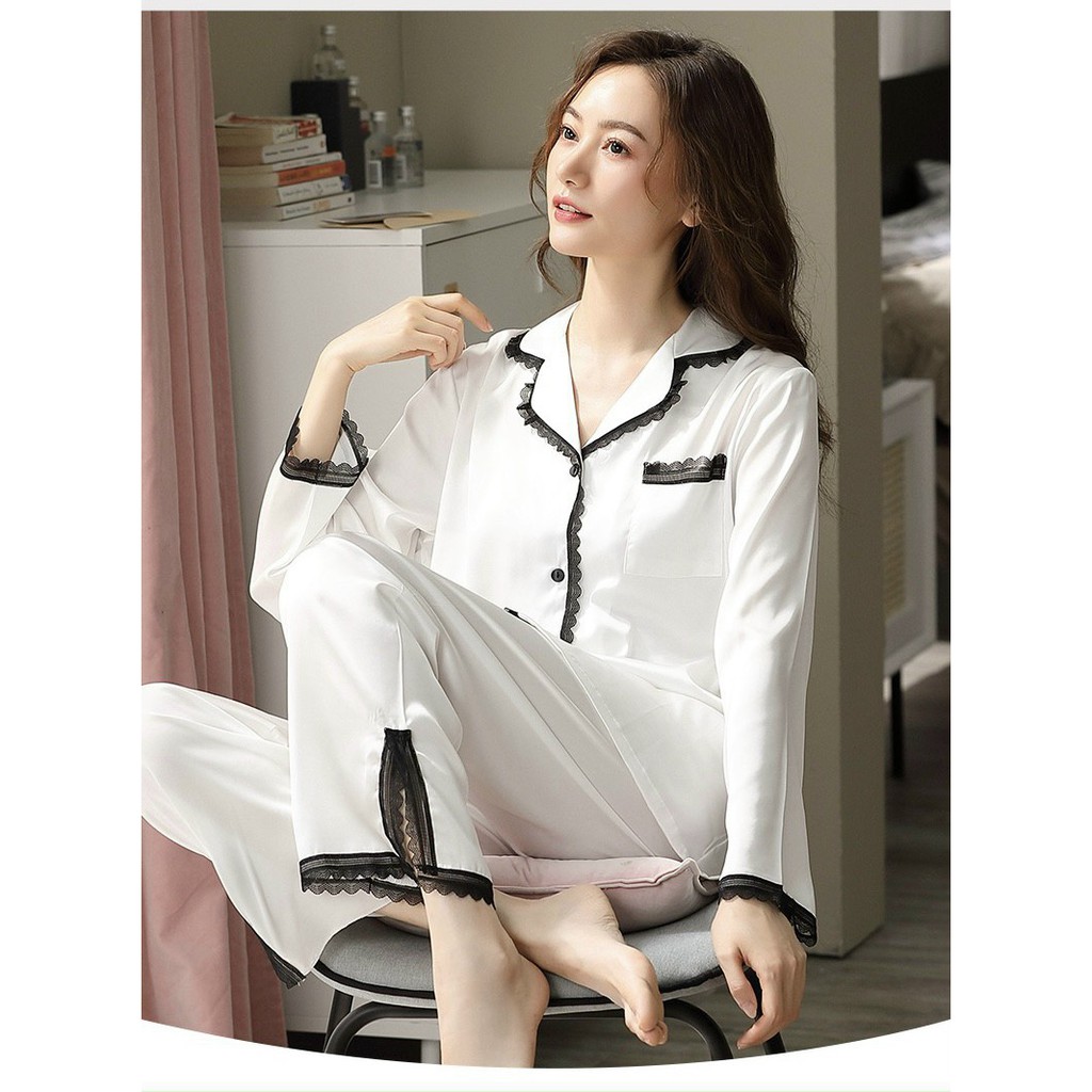 Đồ mặc nhà cao cấp- Bộ đồ ngủ pijama lụa cao cấp quần dài tay màu trắng phối viền ren hàng đẹp cao cấp