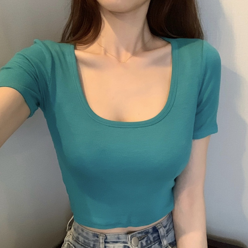 Áo Thun Ngắn Tay Cổ Vuông Màu Trơn Thời Trang Mùa Hè Cho Nữ