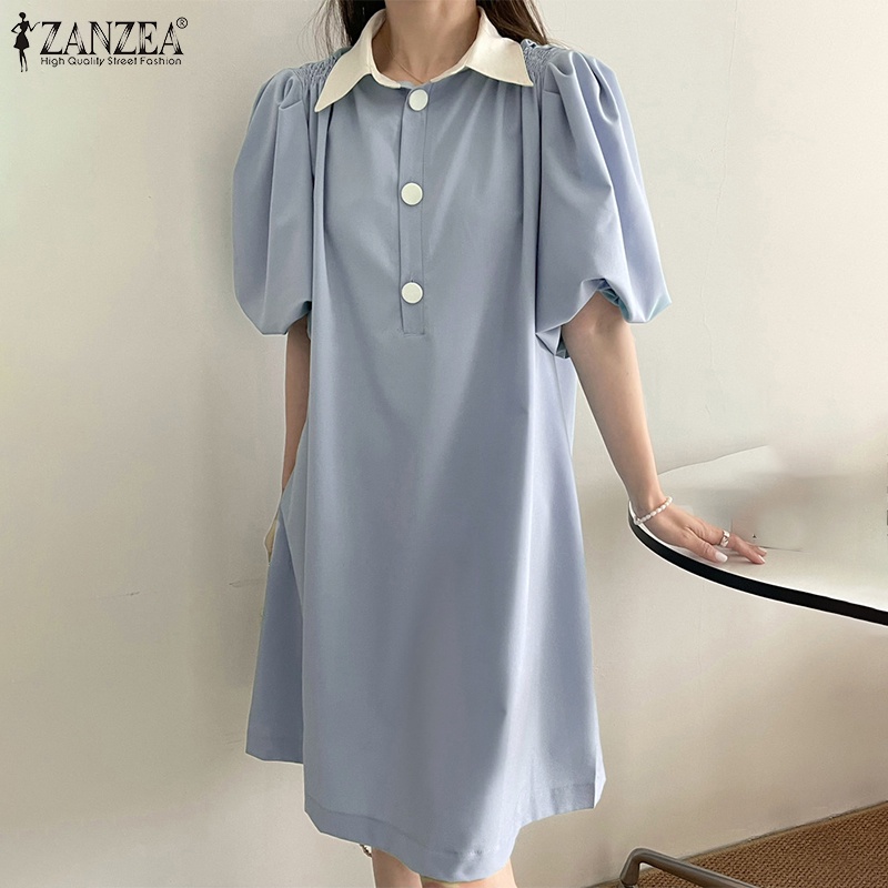 Đầm midi Zanzea tay phồng cài nút cổ bẻ thời trang Hàn Quốc sành điệu cho nữ