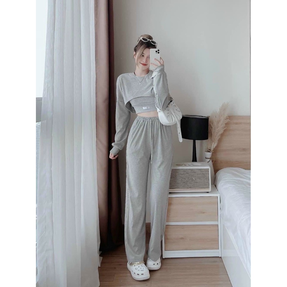 Sét bộ đồ nữ thể thao cotton co giãn trẻ trung tôn dáng họa tiết áo tay dài croptop siêu xinh