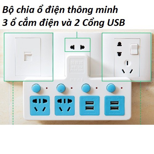 Bộ Chia Ổ Điện 3 Cổng và 2 USB có nút tắt an toàn , Ổ cắm điện