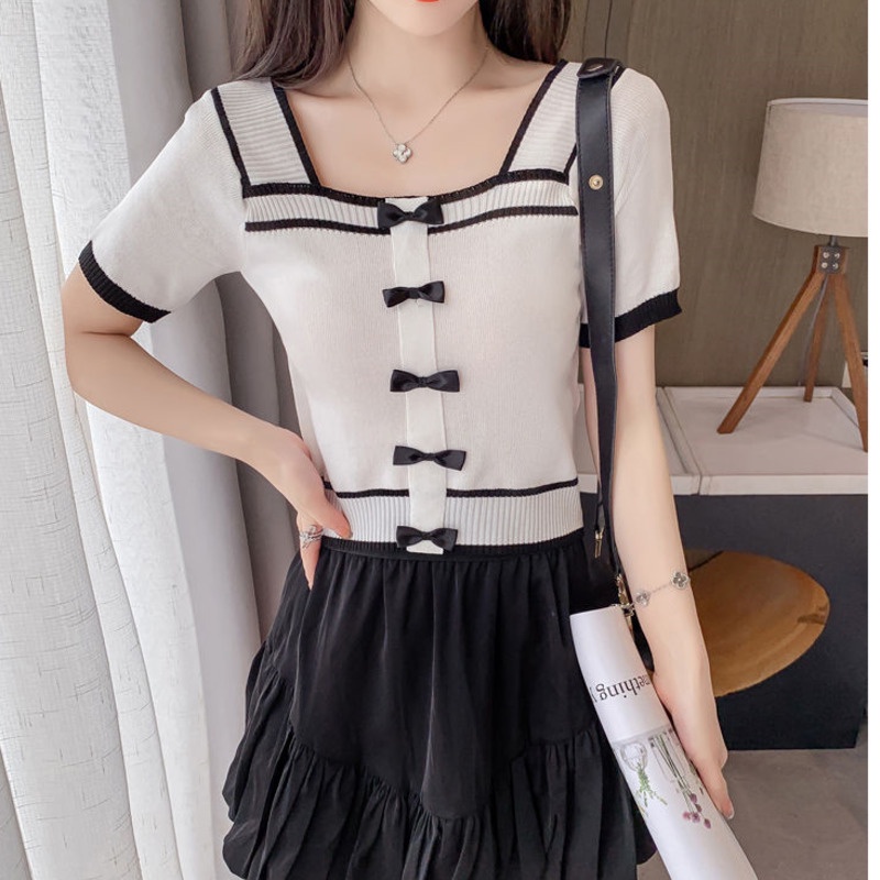 Áo Thun Dệt Kim Cổ Vuông Thắt Nơ Phong Cách Hàn Quốc 185275 Áo Thun Ngắn Dáng Ôm Thời Trang Mùa Hè Dành Cho Nữ
