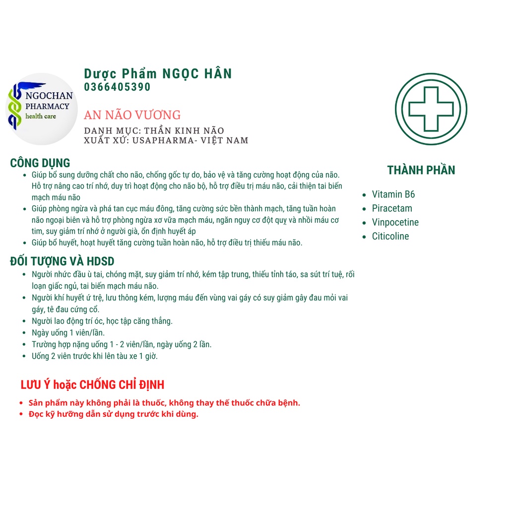 Viên Uống An Não Vương| Bổ Não,Tăng Cường Trí Nhớ,Tăng Tuần Hoàn Máu Não, Ngừa Tai Biến| Hộp 30 viên| USP
