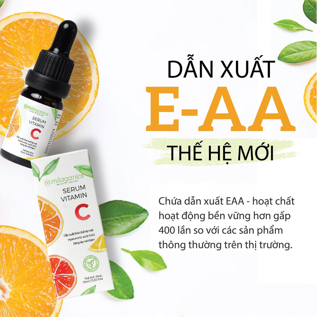 Serum vitamin c trắng da, mờ thâm dẫn xuất E-AA 10% công nghệ mới MILAGANICS 10ml (chai)