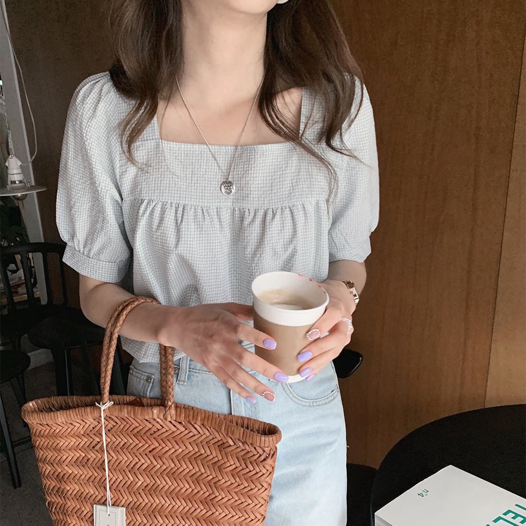 Áo Kiểu Cổ Vuông Tay Phồng Ngắn Phong Cách Nhật Bản Dành Cho Nữ