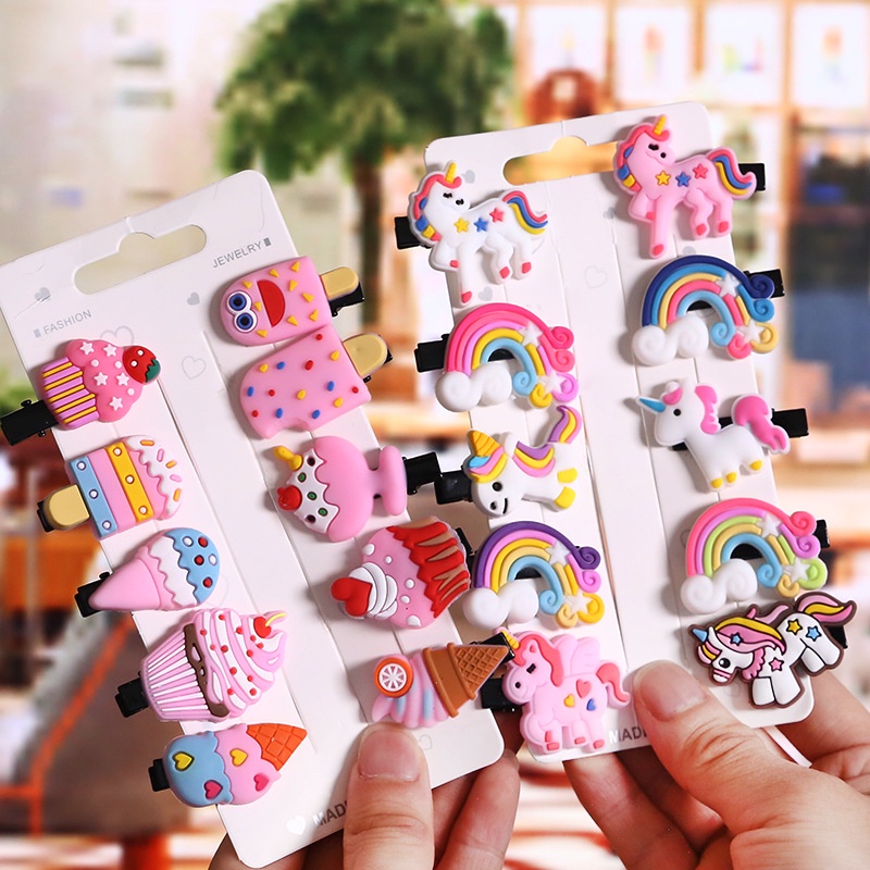Set 10 kẹp tóc mỏ vịt màu kem/hoạt hình dễ thương cho bé gái
