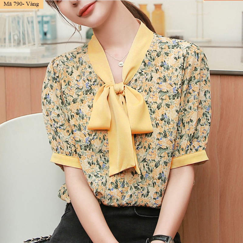 B790- Áo sơ mi hoa phối nơ màu