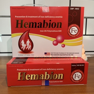 Hemabion bổ sung sắt hộp 20 ống, sản phẩm có nguồn gốc xuất xứ rõ ràng, đảm bảo chất lượng, dễ dàng sử dụng