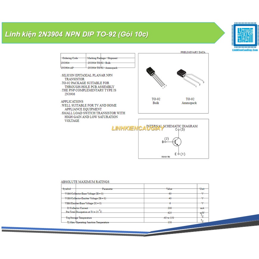 Linh kiện 2N3904 NPN DIP TO-92 (Gói 10c)