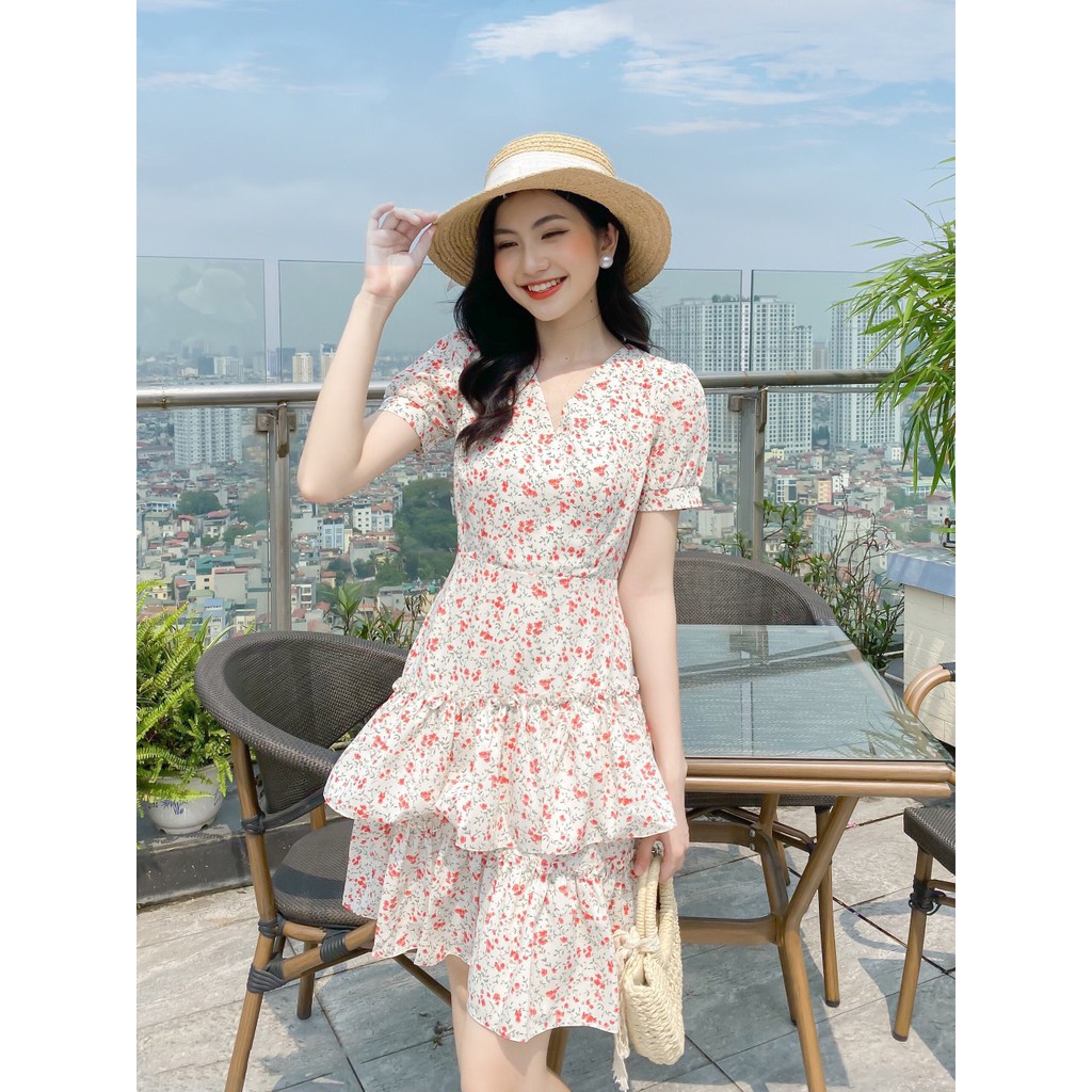 Đầm hoa nhí cổ chữ V hai tầng thiết kế cao cấp