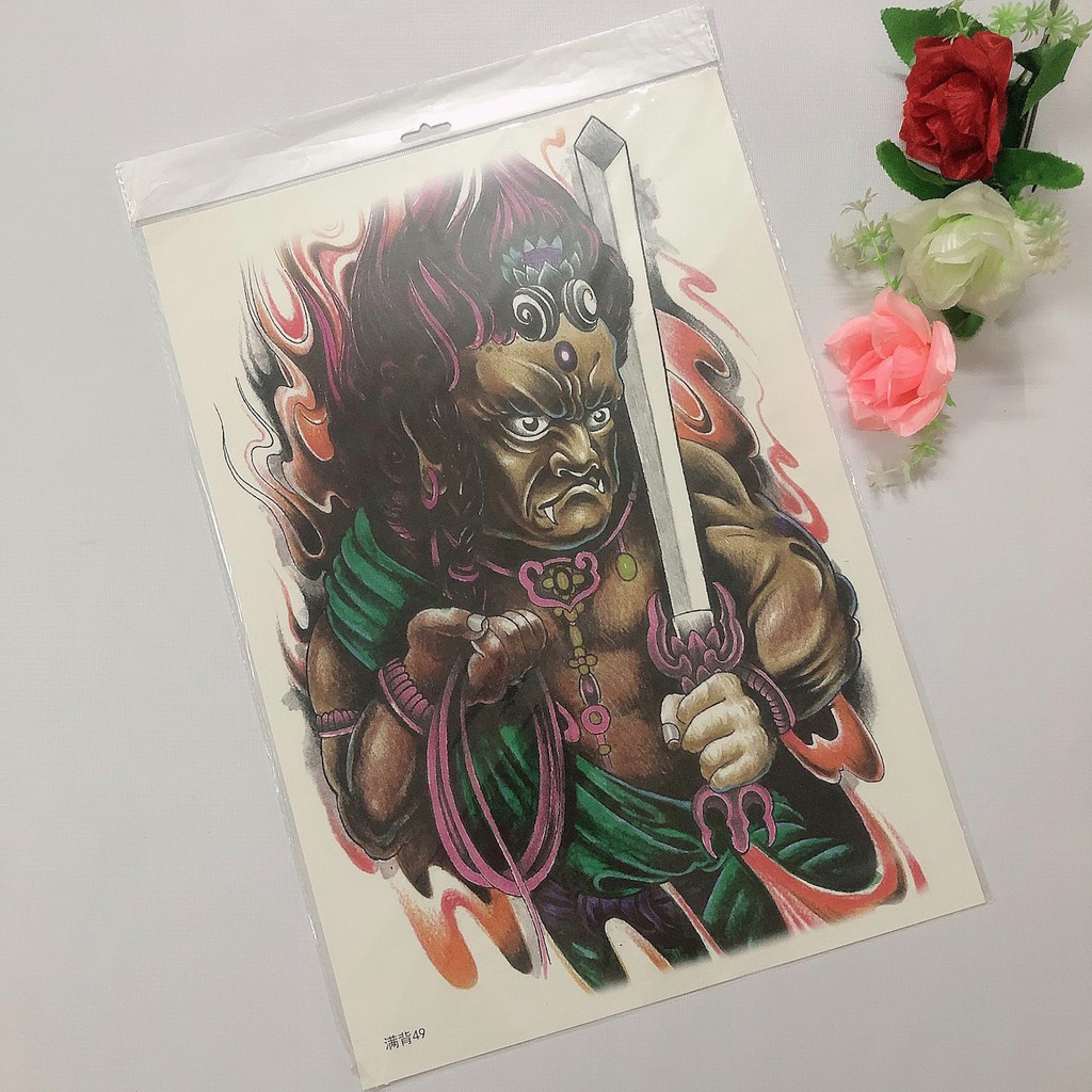 Hình xăm dán kín lưng cao cấp maù tattoo mặt quỷ cầm kiếm 34x48cm- tặng bắp tay xinh