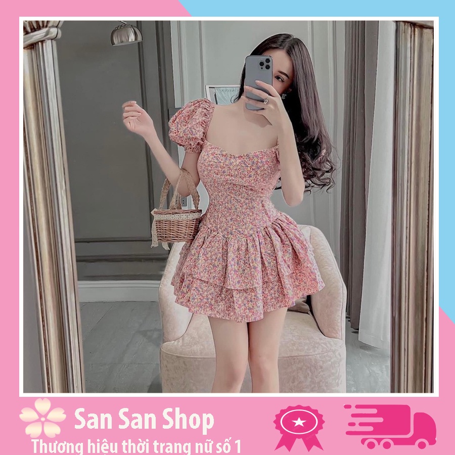 Váy hoa nhí trễ vai tay phồng dáng ngắn SS025