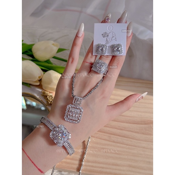 Set trang sức, bộ bông tai, dây chuyền, vòng tay, nhẫn xi bạch kim đá vuông đính full paguet .PTNACC.