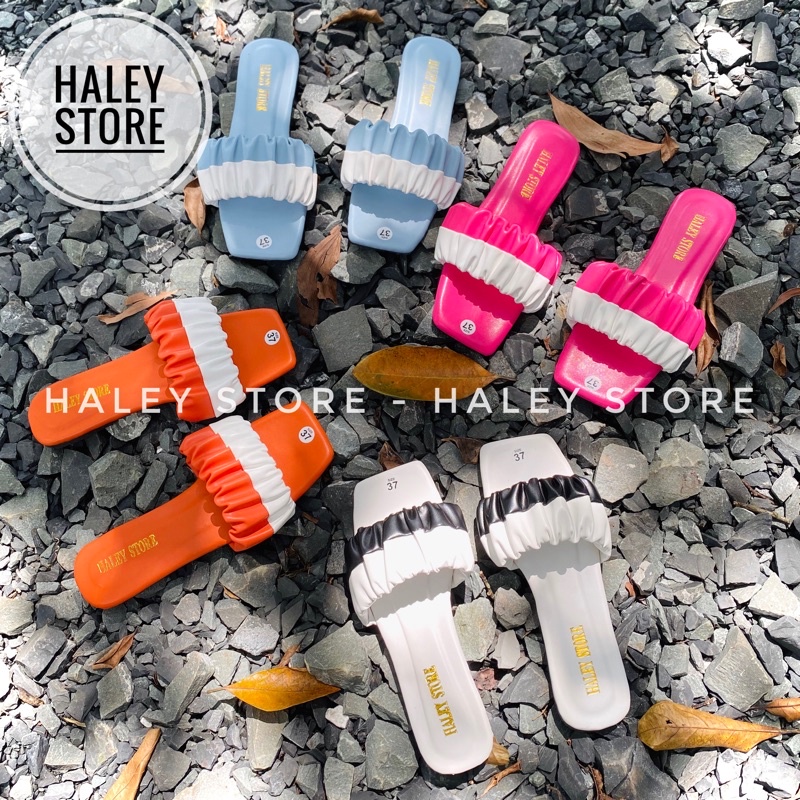 Dép nữ HALEY STORE mũi vuông đế bệt quai ngang nhún nhúm nhung bèo phối nhiều màu hot bò sữa hồng hottrend