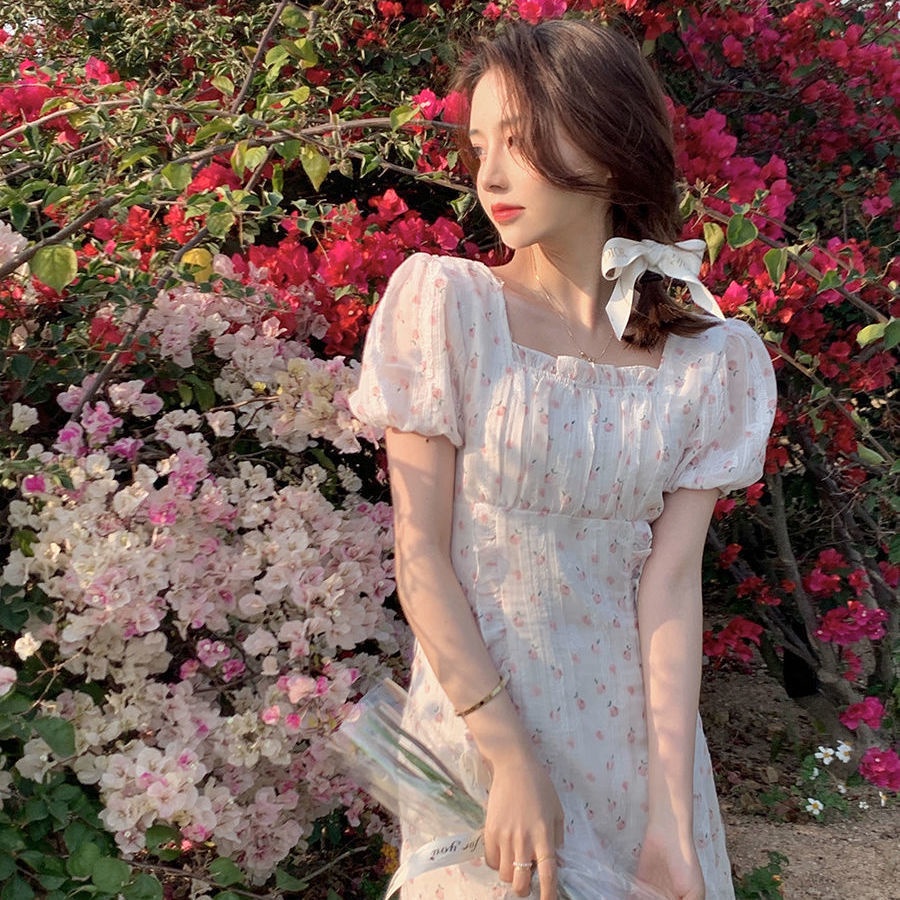 Đầm voan tay phồng in họa tiết hoa thời trang mùa hè mới cho nữ 2021