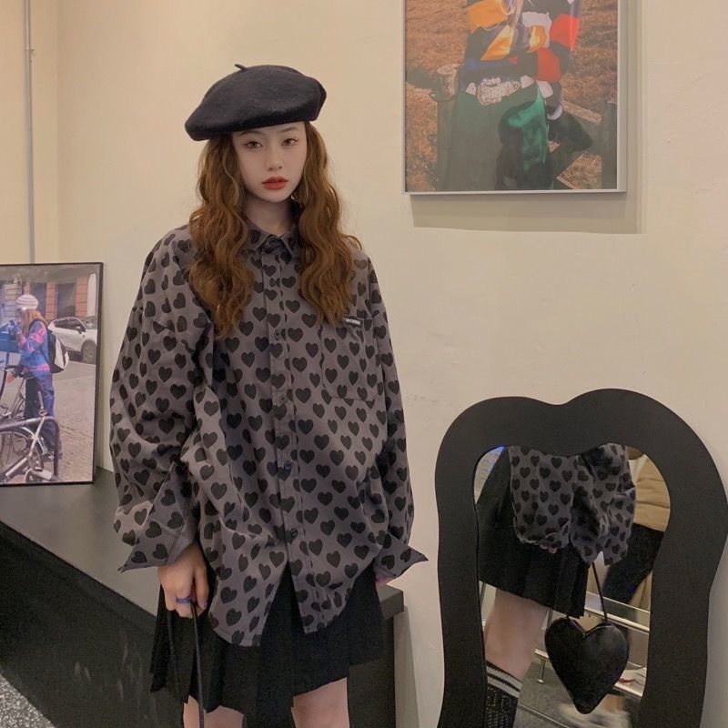 Áo Sơ Mi Tay Dài Họa Tiết Trái Tim Phong Cách retro Thời Trang