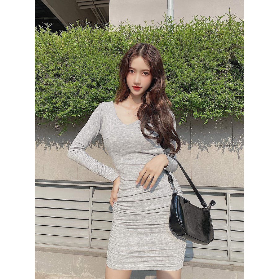 [ẢNH THẬT] Đầm Body Tay Dài Hở Lưng Tinh Tế (ĐEN+XÁM) | BigBuy360 - bigbuy360.vn
