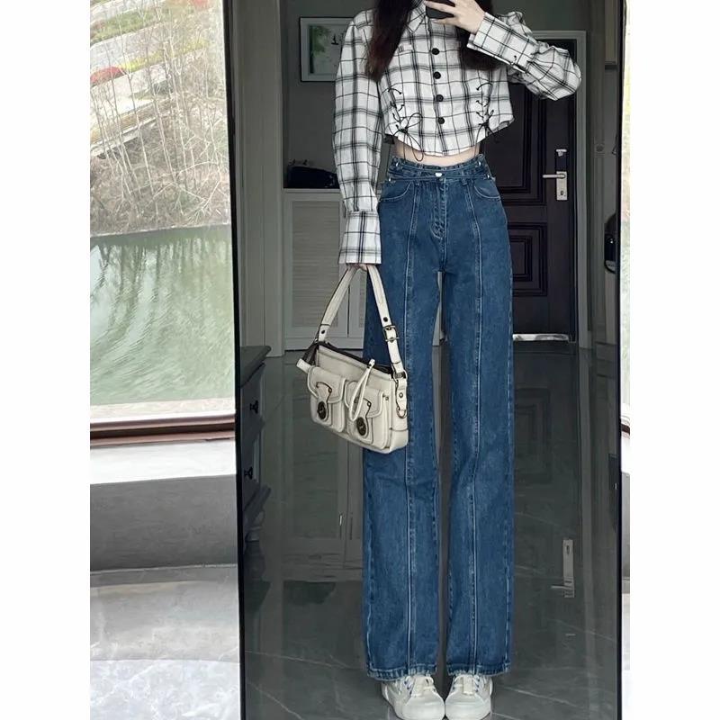 Jiashucheng Hàng Có Sẵn Quần Jean Ống Rộng Lưng Cao Kiểu Năm Mới