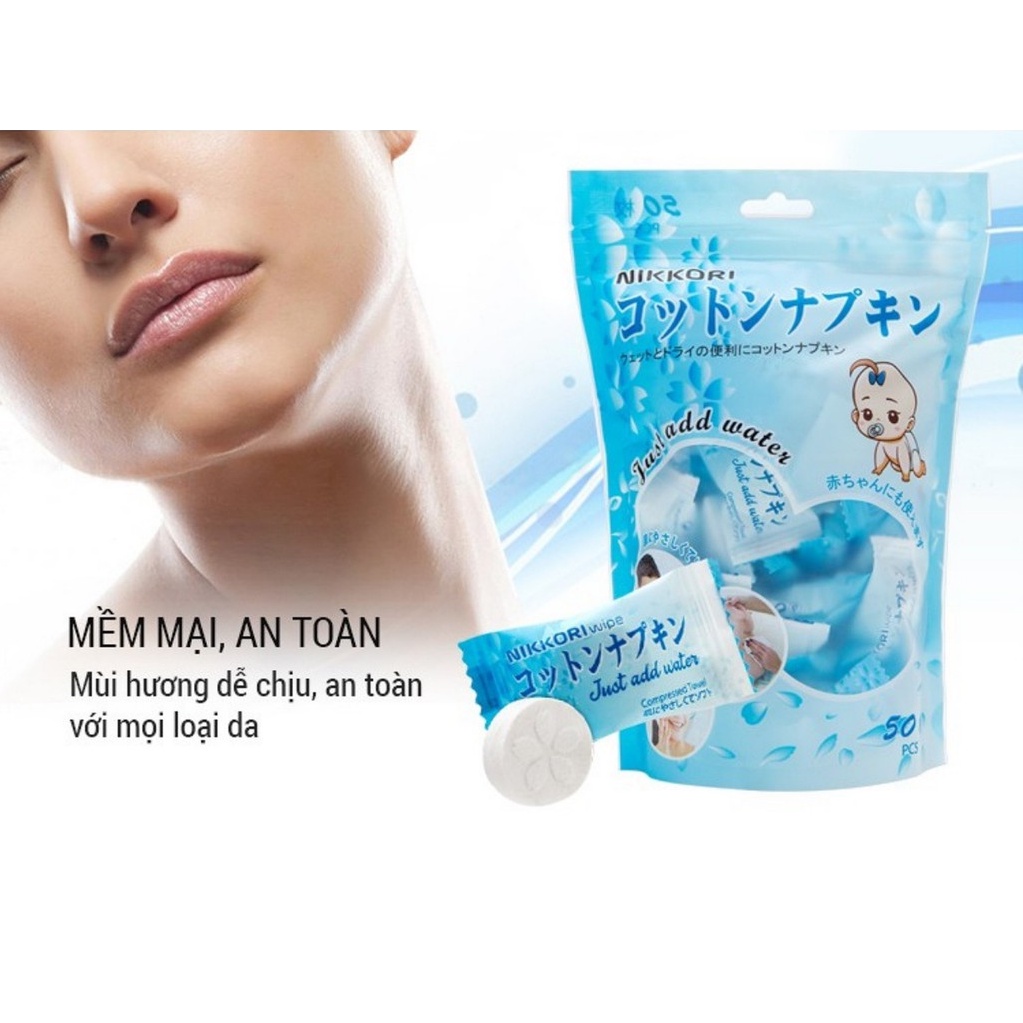 Khăn Giấy khô dạng nén Nikkori ( dạng túi lớn 50 viên)