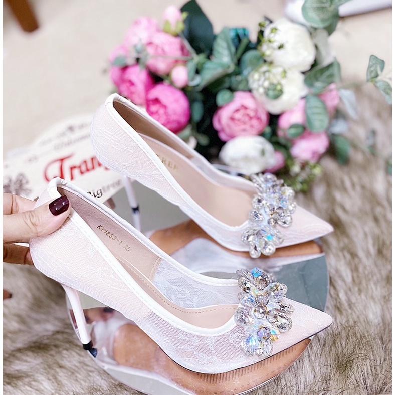 TK1853 GIÀY CƯỚI REN PHỐI ĐÁ PHA LÊ CAO CẤP