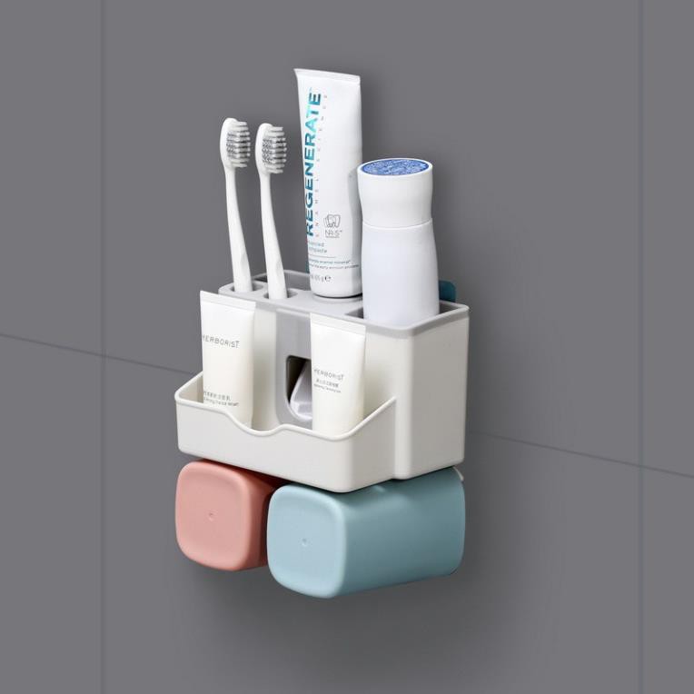 Bộ nhả kem đánh răng tự động thông minh kèm cốc - Kệ để đồ phòng tắm lúa mạch không cần khoan tường