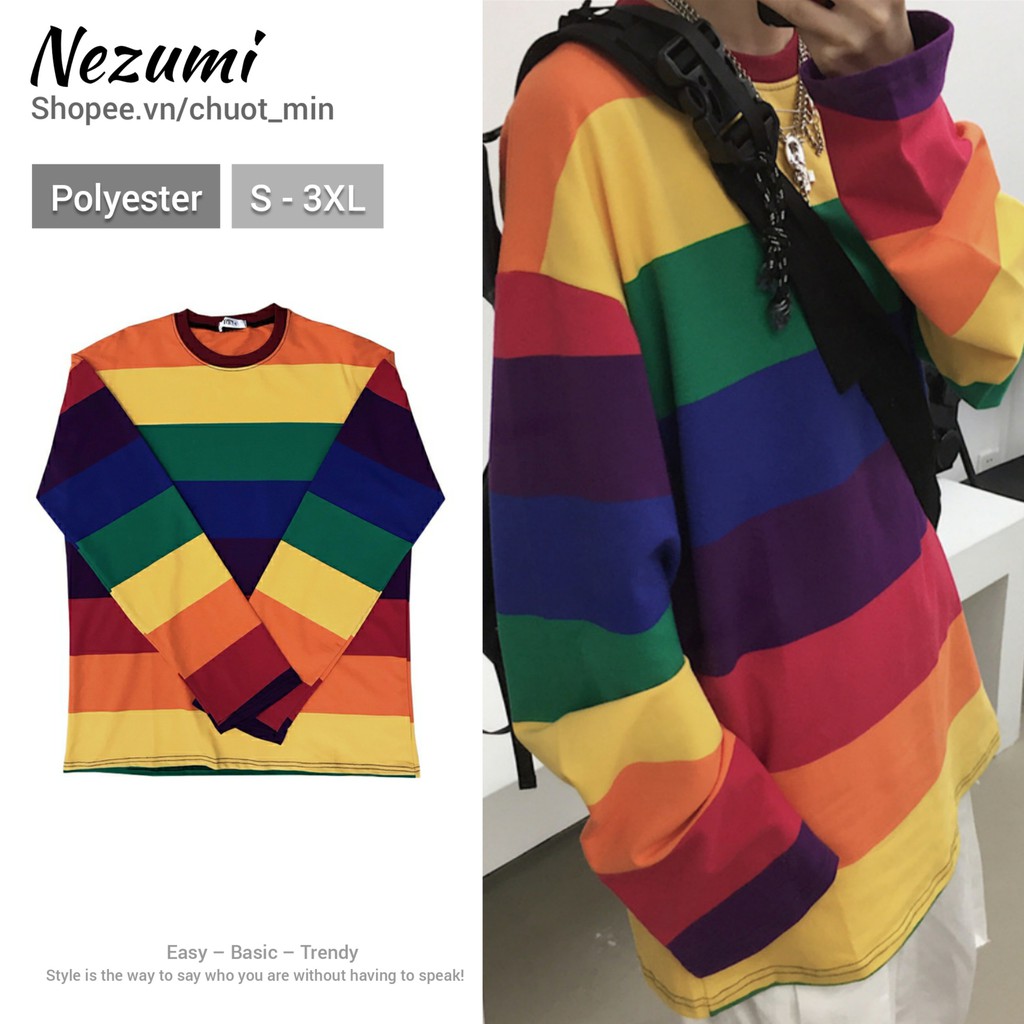 (Sẵn XL 2XL 3XL) Áo thun dài tay unisex nam nữ 7 màu cầu vồng form rộng