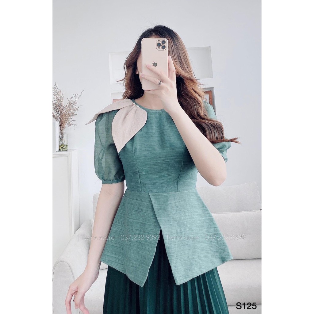 Áo sơ mi công sở nữ dáng peplum ôm người vải tơ xước cổ lá nhọn