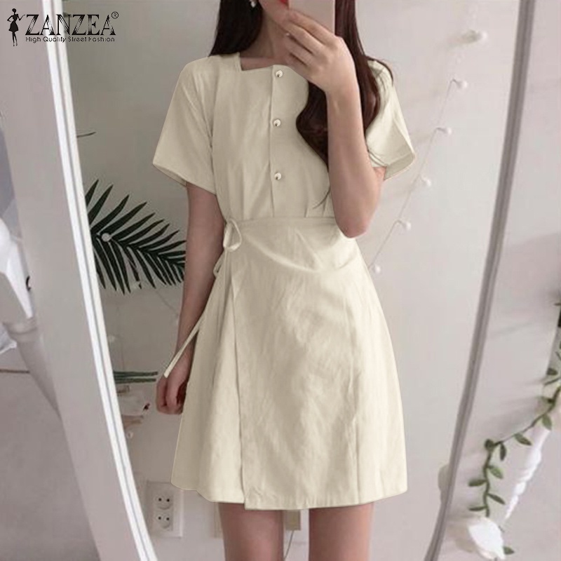 Đầm Zanzea tay ngắn cổ vuông thiết kế buộc dây phong cách Hàn Quốc thời trang cho nữ