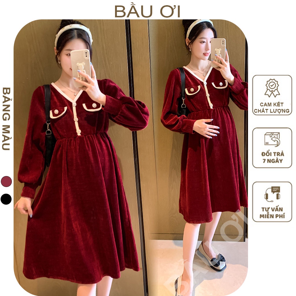 [BAUOII V128] VÁY BẦU THU ĐÔNG DÀI TAY CHẤT NHUNG TĂM ĐẸP - ĐẦM BẦU CÔNG SỞ THỜI TRANG HÀN QUỐC MẶC ĐI LÀM ĐI TIỆC