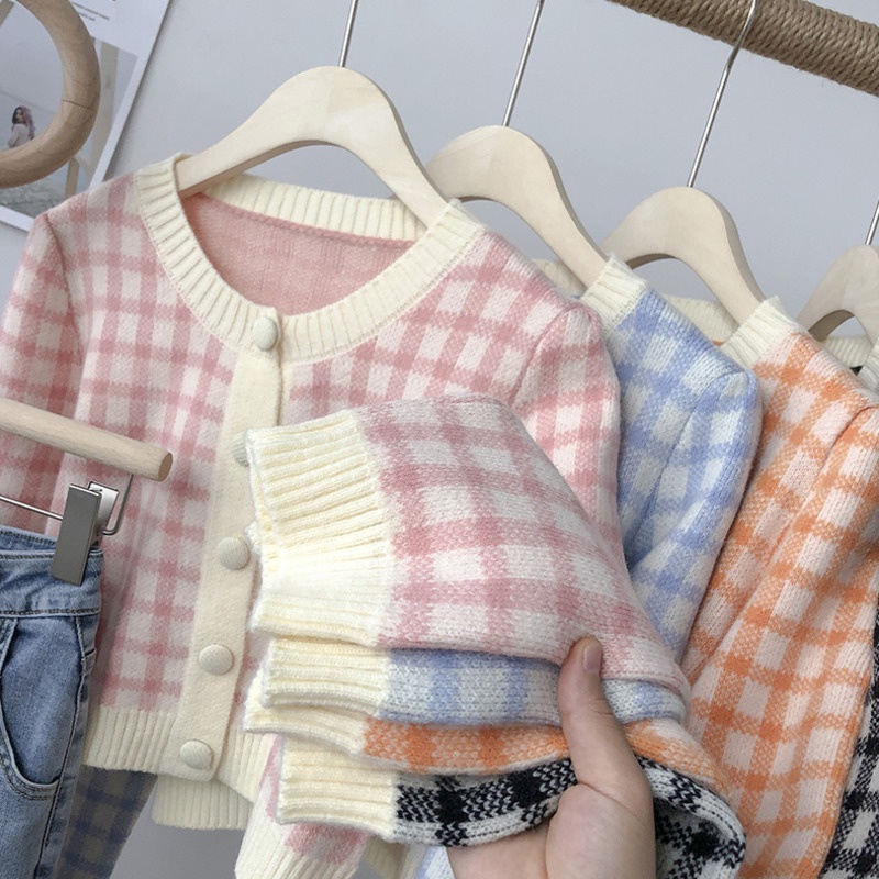 Áo Cardigan Dệt Kim Tay Dài Cổ Tròn Phối Hàng Nút Đơn Phong Cách Retro Hàn Quốc