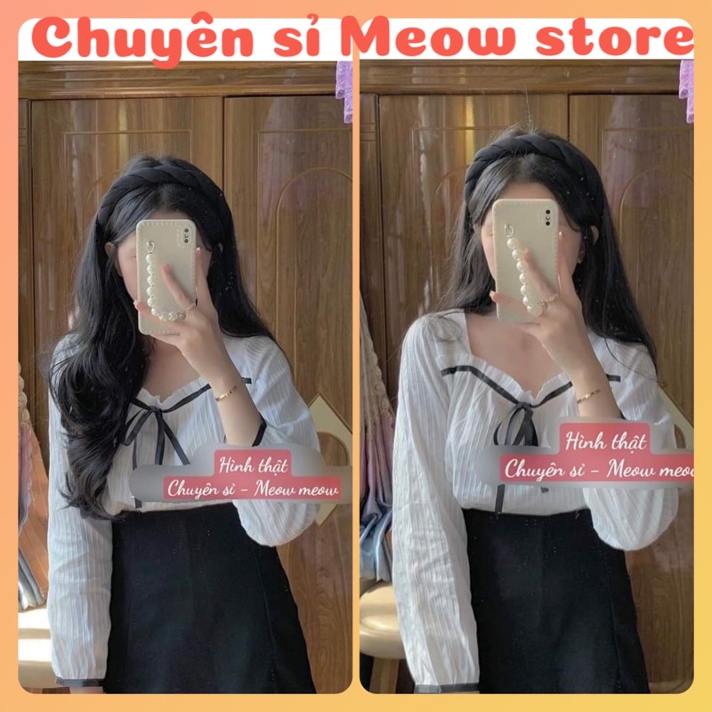 Áo sơ mi tiểu thư cổ vuông cột nơ Quảng Châu Meow meow