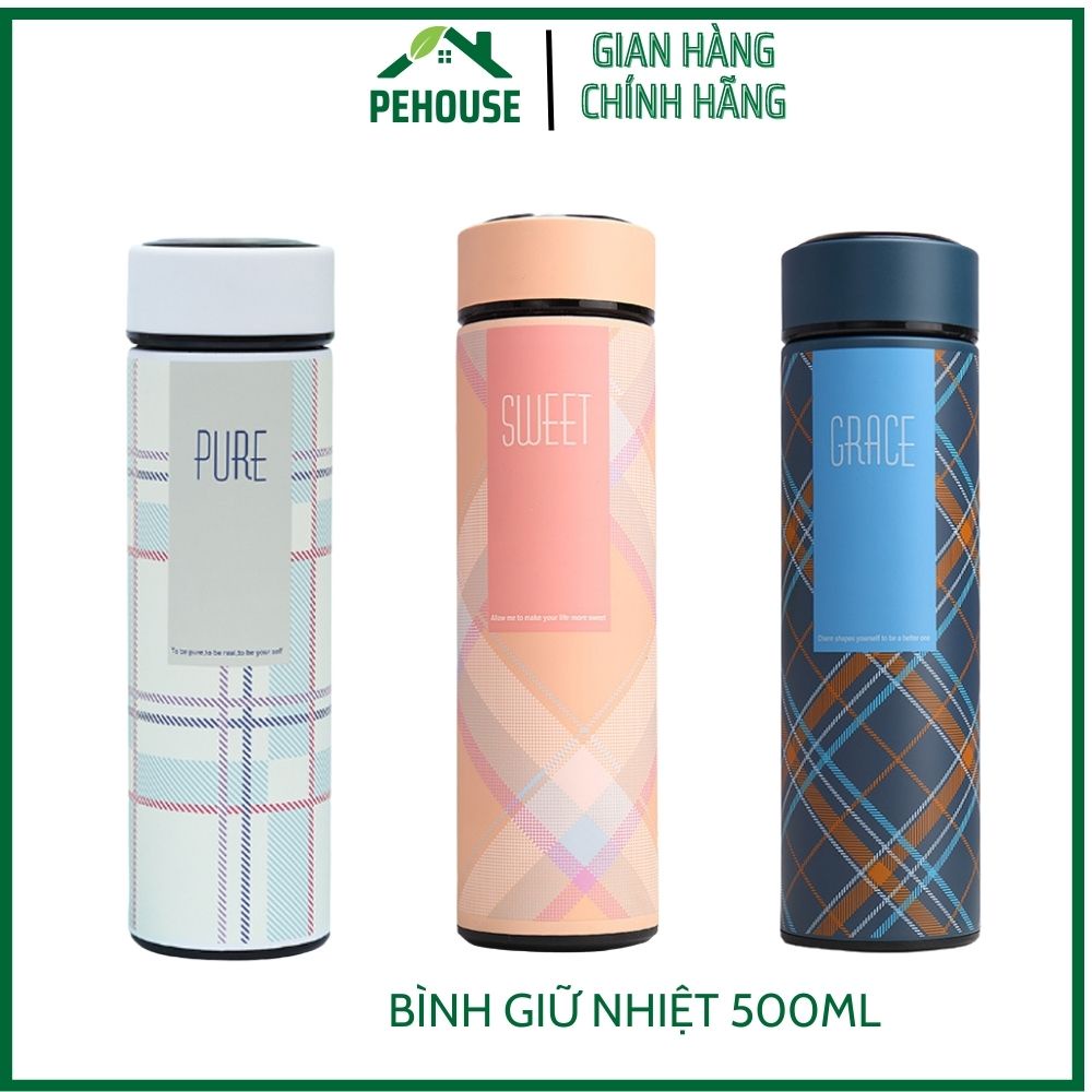 Bình giữ nhiệt 500ml lõi Inox giữ nhiệt 6-8 tiếng họa tiết Cute kẻ Caro đẹp mắt Bình đựng nước có lắp lọc lõi trà