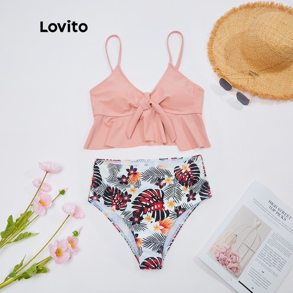 Set bikini LoviIto thắt dây viền xếp ly dây đeo mỏng họa tiết kiểu nhiệt đới phong cách boho L18X377 (Màu hồng)