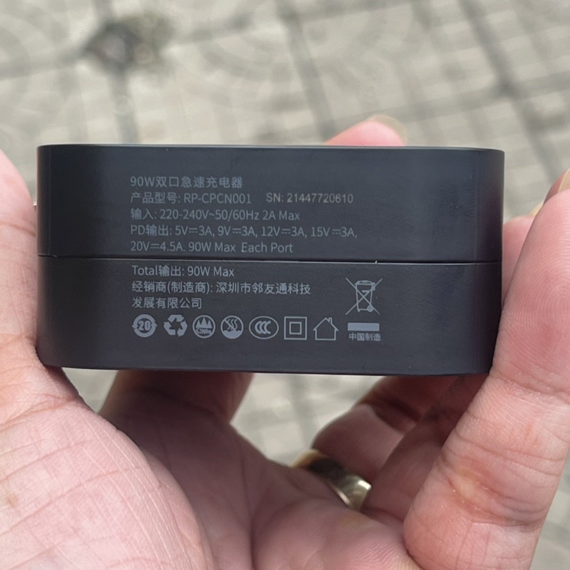 Củ sạc 2 cổng type C RAVpower PD 3.0 90W: Model RP - CPCN001 (công nghệ GaN) Kèm cáp C to C 5A-1.5M