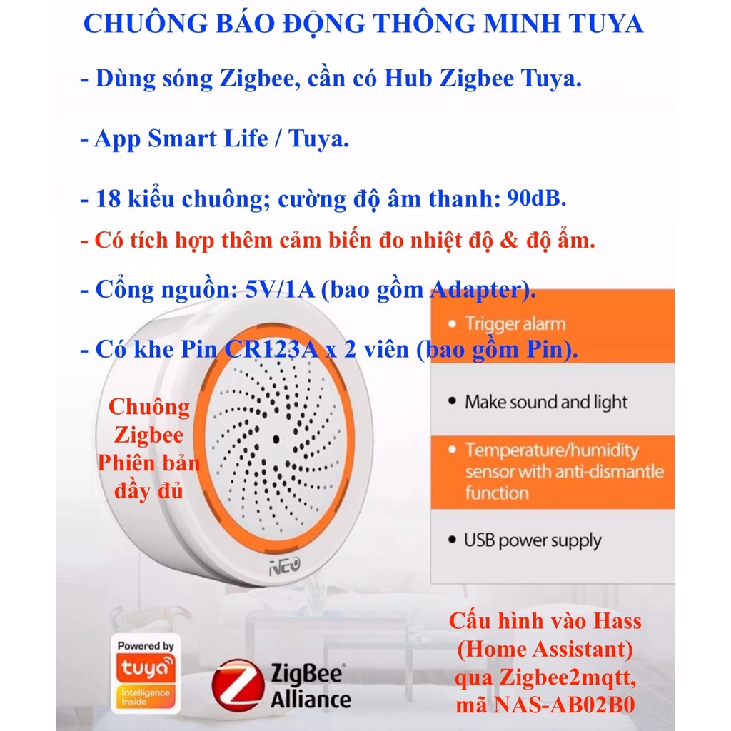 Chuông báo động , báo khách thông minh , sóng Zigbee / Wifi , hệ Tuya / Smart Life / Home Assistant -