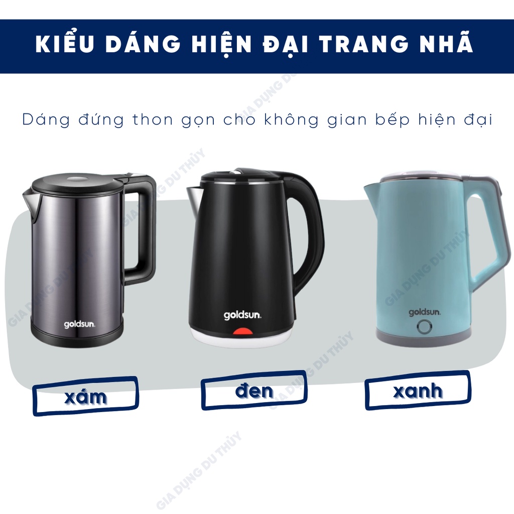 Ấm đun siêu tốc 2.2L màu đen van an toàn 2 cấp Goldsun GKT2602 kiểu dáng hiện đại, inox 304 cao cấp của gia dụng du thủy