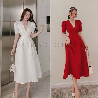 Đầm dự tiệc cổ tim kèm hoa cài - midi xòe tay phồng - trắng đỏ hồng - gd069