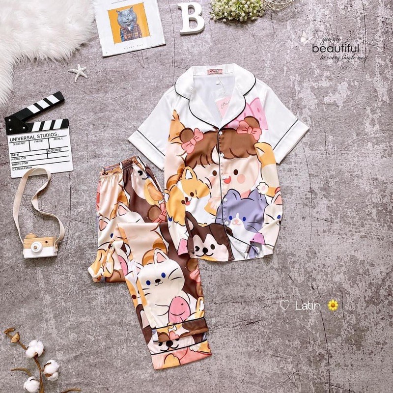 Bộ satin boo boo tay ngắn quần dài