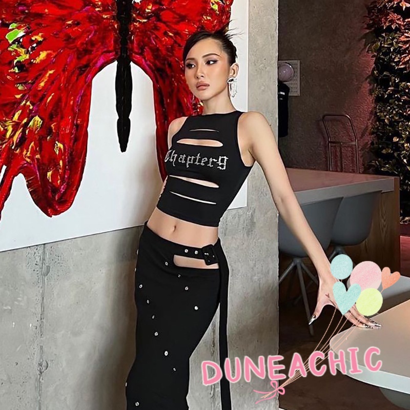 DUNEA Áo tanktop cổ tròn đính đá lấp lánh xinh xắn thời trang cho nữ