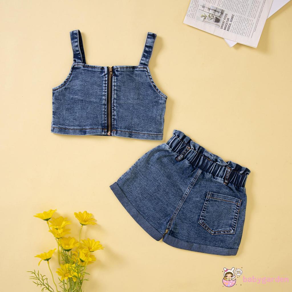 Bộ Áo Croptop Hai Dây Màu Trơn + Quần Short Denim Phối Dây Kéo Thời Trang Mùa Hè Cho Bé Gái 1-6 Tuổi