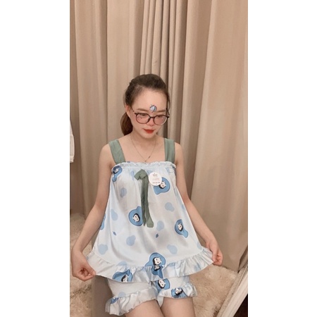[ Ảnh Thật ] Bộ Ngủ Hai Dây Lụa Satin Hình Cute