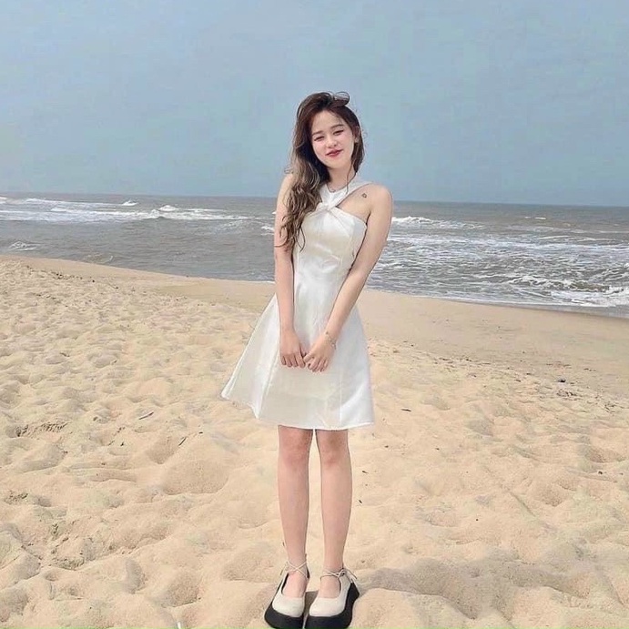 Đầm váy xòe xoắn ngực cổ kiểu yếm ( mẫu có mút ngực ) thiết kế siêu xinh cho nàng dự tiệc, dạ hội, dạo phố