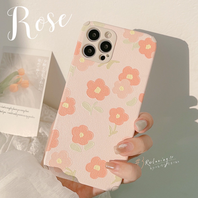 Ốp điện thoại da mềm bảo vệ camera họa tiết hoa màu hồng thích hợp cho iPhone 13 mini 12 pro max 11 x xs xr 8 7 plus