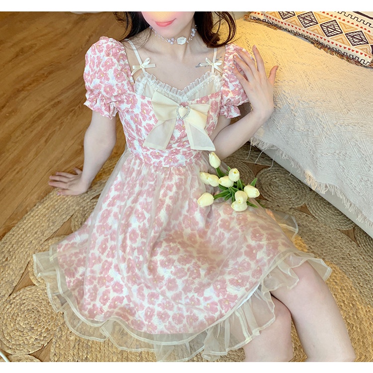 Đầm Lưới Hoa Mini Phối Nơ Thời Trang Mùa Hè Dành Cho Nữ