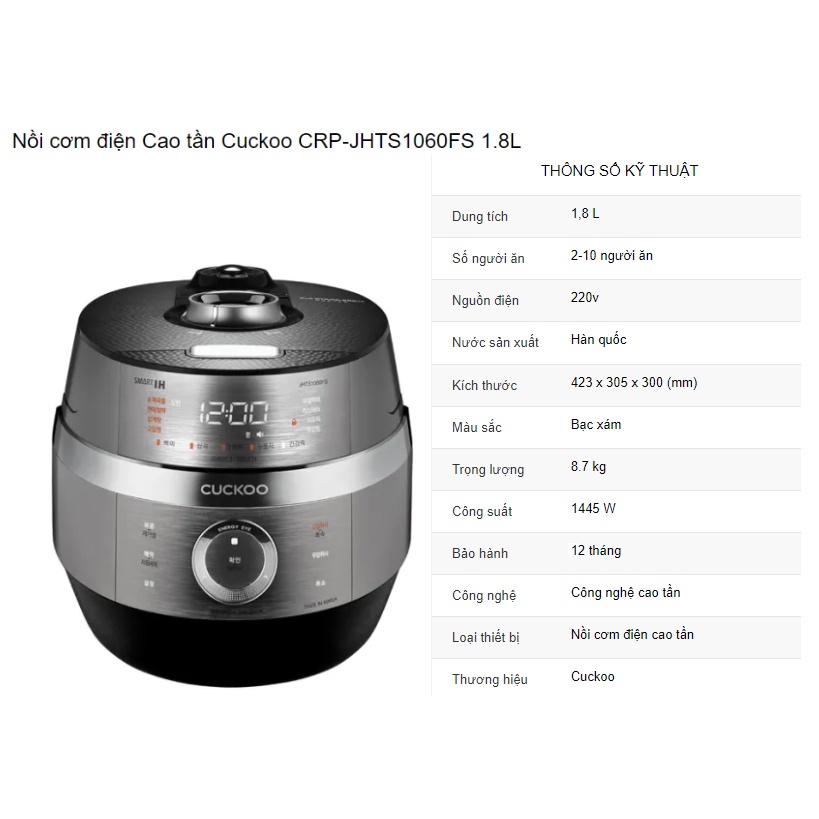 Nồi cơm điện Cao tần Cuckoo CRP-JHTS1060FS 1.8L