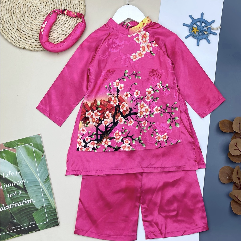 Áo dài bé gái họa tiết hoa đào PH236, thương hiệu litibaby