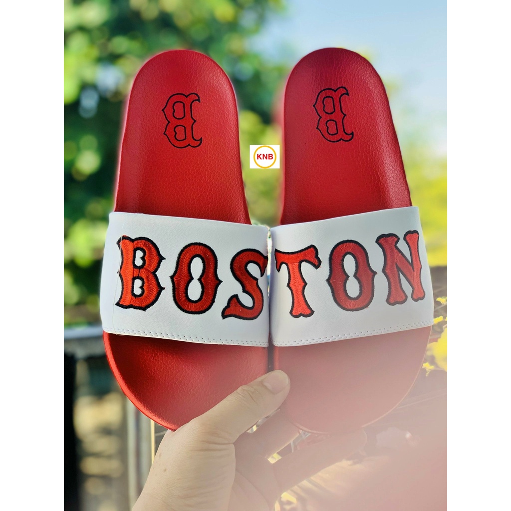 Dép unisex 𝐌𝐋𝐁 𝐁𝐎𝐒𝐓𝐎𝐍 ❤️FREESHIP + Hộp❤️ dép quai ngang nam nữ,dép mlb quai ngang thể thao nam nữ thêu chữ màu trắng đỏ