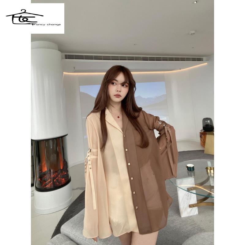 Áo Sơ Mi Chiffon Cổ Chữ V Màu Sắc Tương Phản Phong Cách Hàn Quốc Cho Nữ