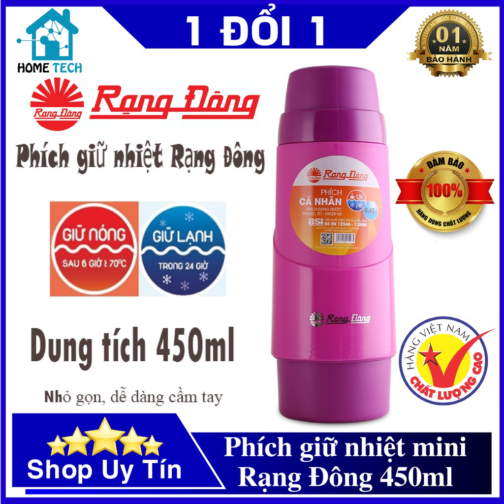 Phích Nước Mini Giữ Nhiệt 450ml Chính Hãng Rạng Đông - Inox Cao Cấp An Toàn Sức Khoẻ